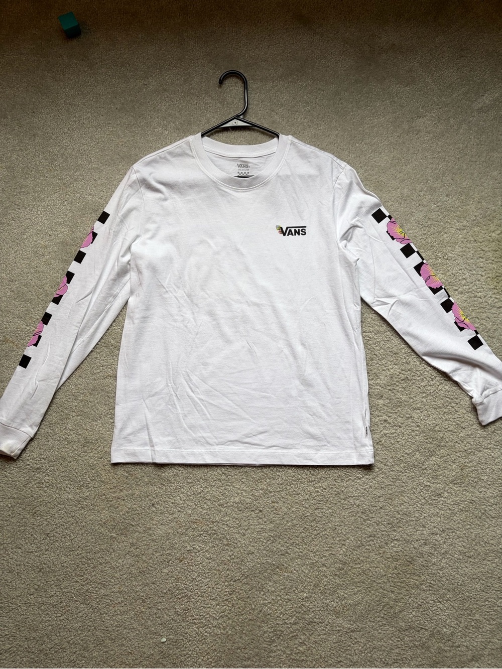Vans White Long Sleeve Tee with Pink Floral Checker Sleeve